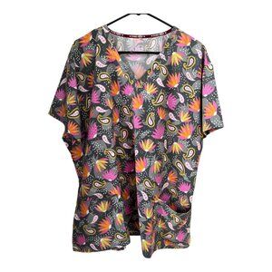 Divine Scrubs Women’s 2X Top – Paisley Floral Print Gray Pink Orange Short Sleev